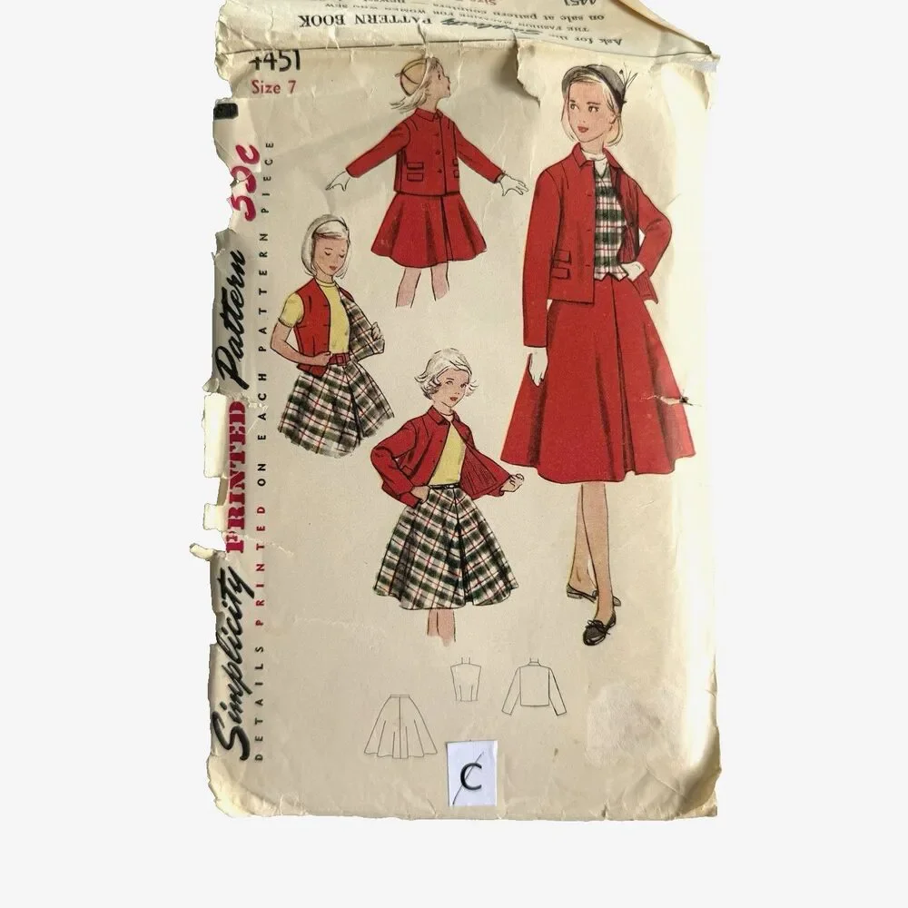 Vtg 1950s Sewing Pattern Simplicity 4451 Girl's 2 Piece Suit Vest Sz 7 Weskit